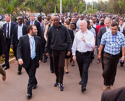 President Kagame chats with dignitaries during the Walk to Remember. (Timothy Kisambira)