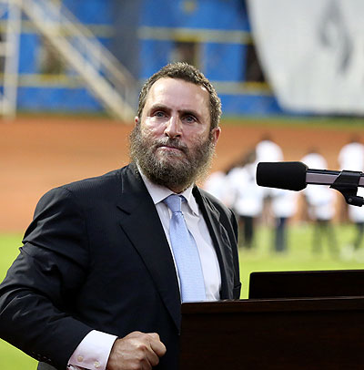 Rabbi Boteach speaks during the vigil at Amahoro Stadium last week. He believes only a homegrown approach can protect citizens. Timothy Kisambira.