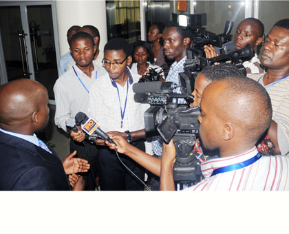 Journalists during an interview with Youth and ICT minister Jean Philbert Nsengimana. File.