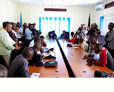 Journalists at a Police media briefing in Kigali yesterday. Timothy Kisambira.