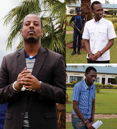 Terror suspects Kizito Mihigo, Cassien Ntamuhanga (top, right) and Jean Paul Dukuzumuremyi (bottom, right) at the Police Headquarters in Kacyiru where they were paraded before the ....