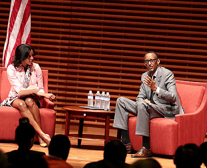 President Kagame with Professor Renee Bowen during Stanford Global Speaker Series interactive discussion. (Village Urugwiro)