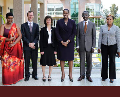 First Lady Jeannette Kagame and, from left to right, Gender minister Oda Gasinzigwa, Professors Timothy Endicott and Sandra Fredman, and on the right, Chief Justice Sam Rugege and VP Chamber of Deputies Jeanne du2019Arc Uwimanimpaye, at the venue of the conference on Women, Poverty and Human Rights in Kigali yesterday. Courtesy.