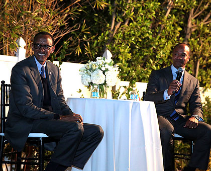President Kagame with Ambassador Pierre Prosper during the evening reception in Los Angeles, hosted by Gen Next, on Monday. (Village Urugwiro)
