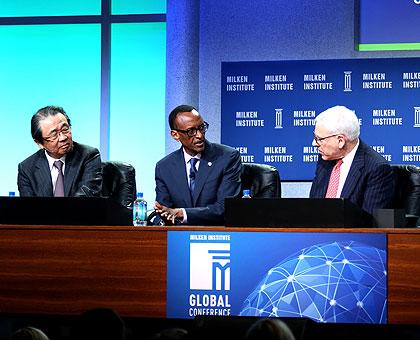 President Kagame on the first day of the Milken Institute Global Conference, with David Rubeinstein, Co-founder and Co-CEO, Carlyle Group, and Osamu Nagayama, Chairman and CEO, Churgai Pharmac and Chairman, Sony Corporation. (Village Urugwiro)