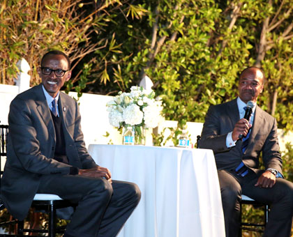 President Kagame with Pierre Prosper, former US Ambassador-at-Large for War Crimes, during an evening reception hosted by GenNext at the Milken Institute Global Conference in Los Angeles, US.  Village Urugwiro.