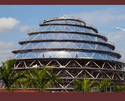 Construction workers busy at the Kigali International Convention Centre in Gasabo District. Timothy Kisambira.