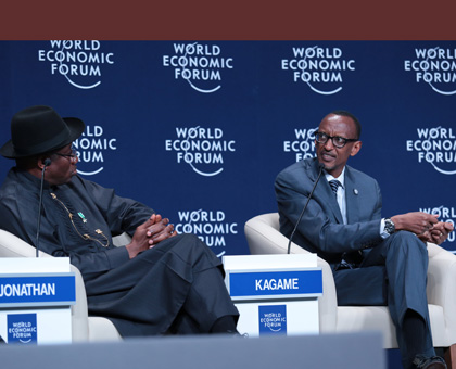 President Kagame speaks at the World Economic Forum plenary session on Unlocking Job Creating Growth, alongside his Nigerian counterpart, Goodluck Jonathan. Village Urugwiro.