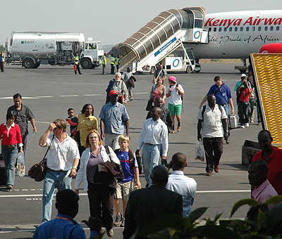 Travellers arrive at Kigali International Airport.  African leaders say a visa free Africa will help deepen regional integration. File.