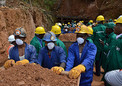 Miners leave a tunnel at Rutongo Mines in Rulindo District. Timothy Kisambira . 