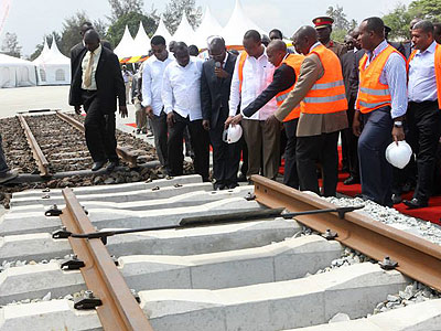 The standard gauge railway being launched in Mombasa in November last year. Traders are optimistic that the railway will help reduce the cost of doing business in the East African region. (File)