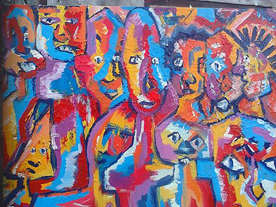 One of Niyonkuruu2019s paintings on display.