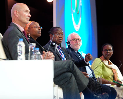 Panelists during the launch of the Africa African Economic Outlook 2014, one of the activities at the ongoing African Development Bank General Meetings in Kigali. From L-R; Pascal Lamy, Angela Lusigi, Mthuli Ncube, Mario Pezzini and Valentine Rugwabiza. 