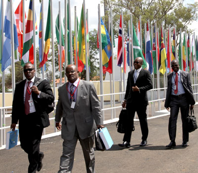 Delegates arrive for the  49th annual AfDB meeting in Kigali . John Mbanda.