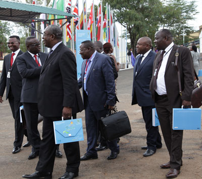 Delegates arrive for the  49th annual African Development meeting in Kigali on Monday. John Mbanda.