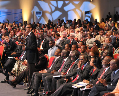 President Kagame contributes to the discussion on conflicts during the ongoing AfDB meeting in Kigali yesterday. Village Urugwiro.