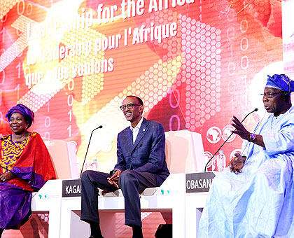 A panel debates the topic, u201cLeadership for the Africa We Want,u201d at the ongoing African Development Bank Annual Meetings in Kigali yesterday. From left to right; AU Commission chairperson Nkosazana Dlamini-Zuma, President Kagame and former Nigerian president Olusegun Obasanjo. (Village Urugwiro)