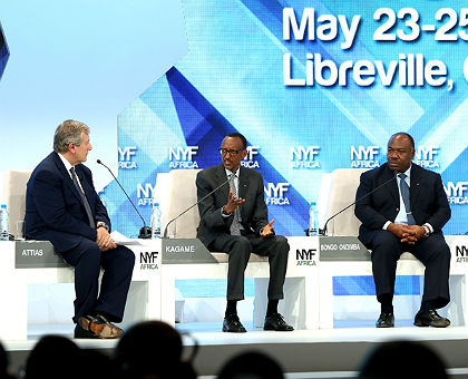 President Kagame addresses the African Citizen's Summit session at The New York Forum Africa 2014 in Libreville, Gabon yesterday. Looking on are President Ali Bongo Ondimba of Gabon (R) and Moroccan Businessman Richard Attias. (Village Urugwiro)