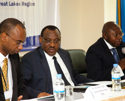Special Advisor to the Secretary-General's Special Envoy for Great Lakes Region Modibo Touru00e9 (L), finance minister Claver Gatete and UN Resident coordinator Lamin M. Manneh during the meeting. (Timothy Kisambira)