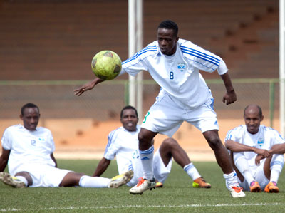 Team captain Haruna Niyonzima, seen in action during yesterday's  trainig session at Kigali Regional Stadium, is expected to start in the Amavubi midfield.  T. Kisambira