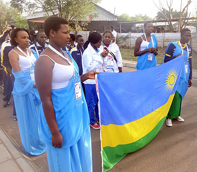 Belyse Irakoze and James Sugira led Team Rwanda at the  opening ceremony of this yearu2019s Games held in Gaborone, Botswana. Bonnie Mugabe.