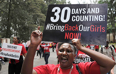While Nigerian women hit the streets in protest, the rest of the world showed their support through the now very popular bring back our girls campaign on social media. Net photo
