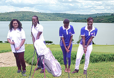 Rwanda lady golf team members, (L-R) Sheetal, Kayitesi, Mugeni and Lynda carried out their last training session at Falcon Golf and Country Club in Rwamagana. Courtesy. 