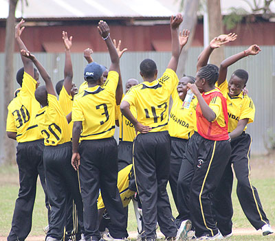 Team Uganda celebrates a wicket during game five on Saturday. Courtesy