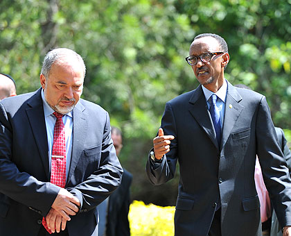 The Israeli delegation led by Foreign Affairs Minister Avigdor Lieberman (L) called on President Kagame at Village Urugwiro yesterday. Rwanda and Israel signed a partnership agreement that establishes a forum for consultations between the two states. (Village Urugwiro)
