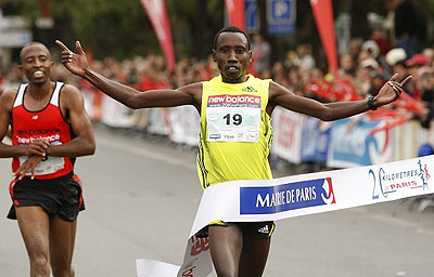 Dieudonne Disi, seen here crossing the finish line to win win the Paris half marathon two years ago.  File