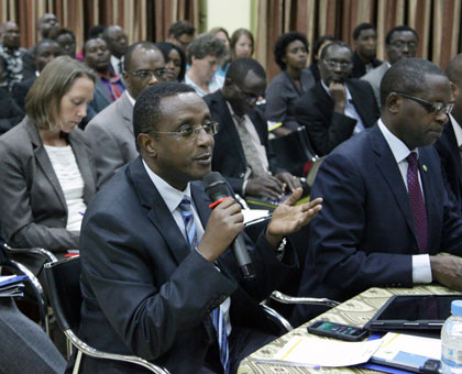 Education minister Vincent Biruta speaks at the Joint Review of Education Sector meeting in Kigali yesterday. John Mbanda.