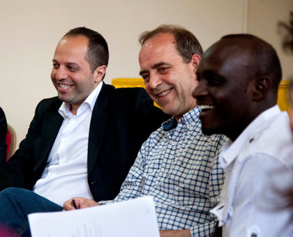 L-R: Benjamin Abtan, the president of (EGAM),  French journalist Patrick de Saint Exupu00e9ry, and Alain Intwaza, the coordinator of GAERG, an association of  youth Genocide survivors, hours after the arrival of the European youth in Kigali yesterday. T. Kisambira.