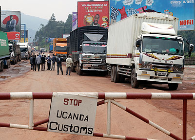 Trucks wait to cross into Uganda at Gatuna. File.  