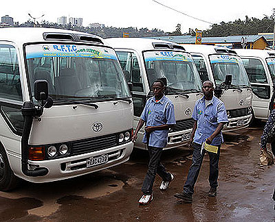 Public transport buses in Nyabugogo terminal. The government cut taxes on public transport buses as well as cargo trucks in the 2014/2015 financial year budget to boost the transport sector and trade. The New Times / File.