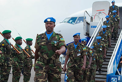 Rwandan peacekeepers arrive at Kigali International Airport  from a past mission in South Sudan.    File.