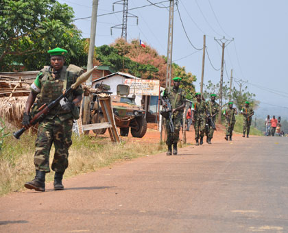 Rwanda Defence Forces peacekeepers patrol a street in Central African Republic early this year. (Courtesy)