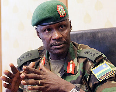 Brig. Gen. Karamba,  the Commandant of the RDF Command and Staff College Nyakinama, describes the audacious deployment and operations of the RPAu2019s 3rd Battalion at CND, now Parliamentary Buildings in Kimihurura, Kigali, in early 1990s, during the interview on June 20. / J. Mbanda