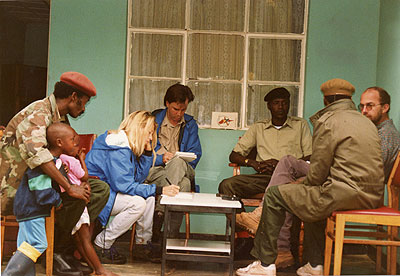 Lt. Gen. Fred Ibingira (centre) speaks to foreign journalists during the Liberation Struggle. Ibingira, now Chief of Staff, Reserve Forces, commanded the 157 battalion that took Kibungo-Bugesera-Gitarama axis. / Courtesy