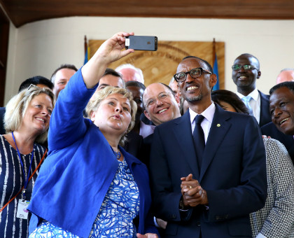 President Kagame and the Prime Minister of Norway, Erna Solberg, during the MDG Advocacy Group meeting in Kigali on Thursday. (Village Urugwiro)