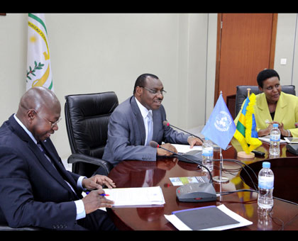 L-R; UN Resident Coordinator Lamin Manneh, Finance minister Claver Gatete and Gender minister Oda Gasinzigwa after the signing of the Rwf19 billion financial deal yesterday. John Mbanda.