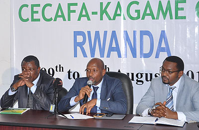 Ferwafa chief Degaule Vincent Nzamwita (C) addressing the media yesterday. On his right is Cecafa Secretary General Nicholas Musonye and 1st vice president Raoul Gisanura (L). Courtesy.