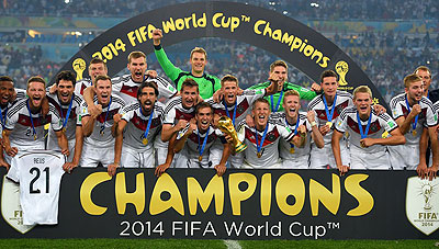 Bastian Schweinsteig holds the World Cup after the 2014 FIFA World Cup Brazil Final match between Germany and Argentina at Maracana on Sunday in Rio de Janeiro, Brazil.