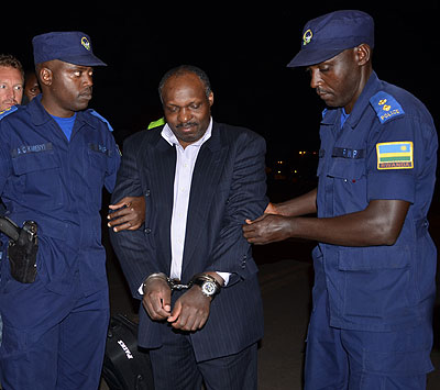 Mbarushimana on arrival in Kigali from Denmark earlier this month. He is accused of participating in the killing of Tutsi in Kabuye and surrounding areas. File. 