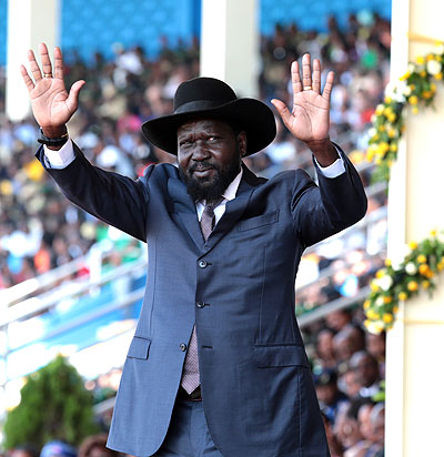 South Sudan President Salva Kiir, waves to crowds during the Liberation Day celebrations in Kigali early this month. File. 