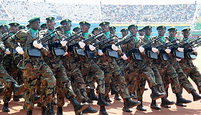 RDF troops march during a Liberation Day celebration event. File.