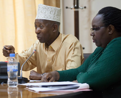 Internal Security minister Sheikh Musa Fazil Harelimana (L), together with Disaster Management and Refugees Affairs minister Sarafina Mukantabana, during a talkshow esterday. T. Kisambira.