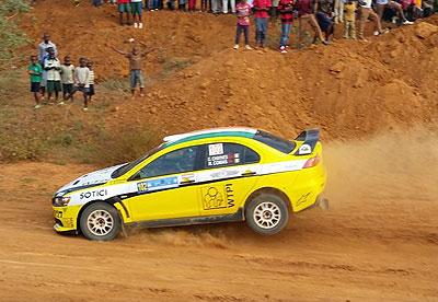 Gary Chaynes of Ivory Coast cruises his Mistubishi Evo X during the Super Stage action at Gahanga Quarry in the Rwanda Mountain Gorilla rally.