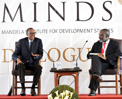President Kagame with Dr Nkosana Moyo, founder of Mandela Institute for Development Studies (MINDS), during the interactive session with over 100 youth from 43 African countries in Kigali yesterday. Village Urugwiro.