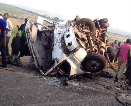 The head-on collision is believed to have been caused by a blind spot on the Kigali-Kagitumba highway. (Courtesy of Kigali Today)