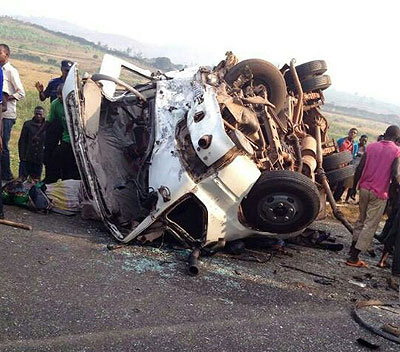 The wreckage of one of the vehicles that got involved in the accident in Gatsibo on Tuesday morning, claiming 15 lives and injuring several others. File.  